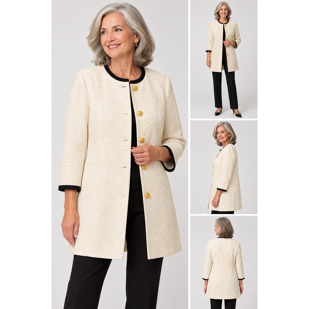Talbots Women's Size 8 Ivory Black Trim Textured Longline Jacket Coat